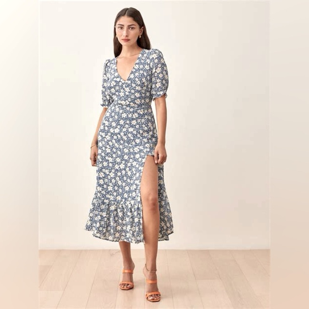 Reformation Nantes Floral Blue Midi Dress Sz 2
